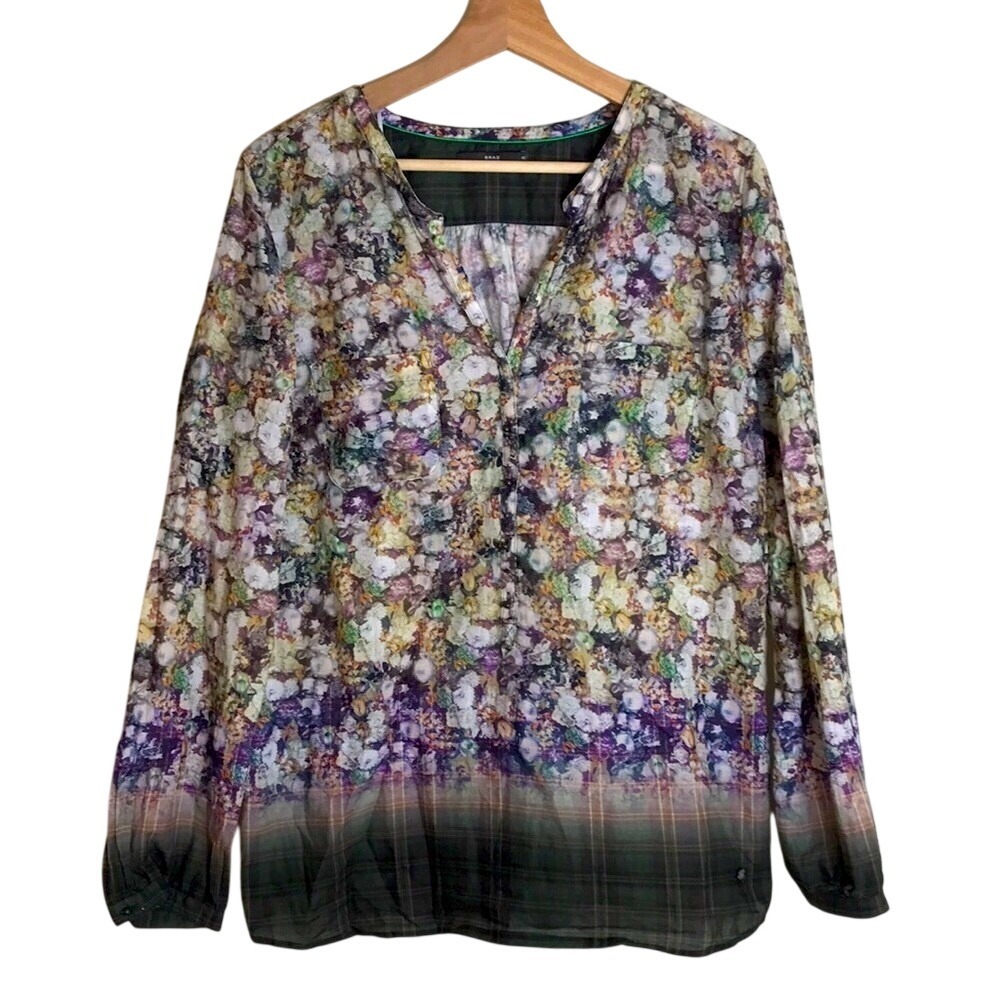Brax Women's Floral Plaid Mixed Print Button Front Cotton Blouse Size 42